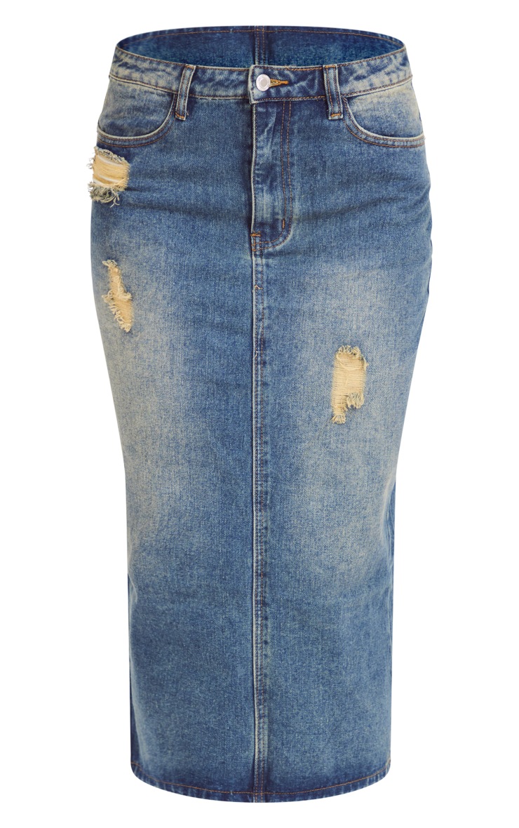 Indigo Vintage Wash Distressed Denim Midi Skirt PrettyLittleThing AUS