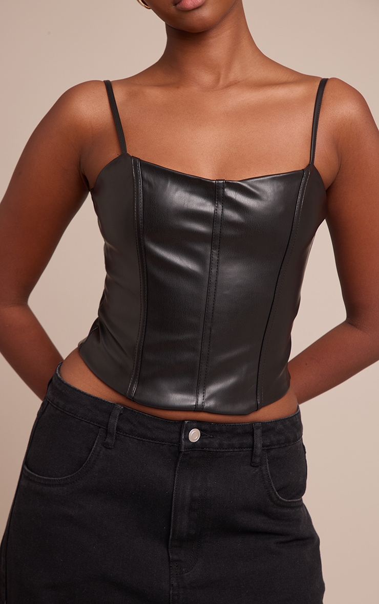 Black Faux Leather Bonded Strappy Corset image 4