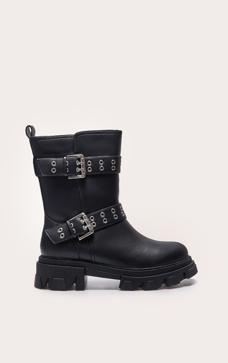 Black Wide Fit PU Chunky Sole Buckle Ankle Boots image 1