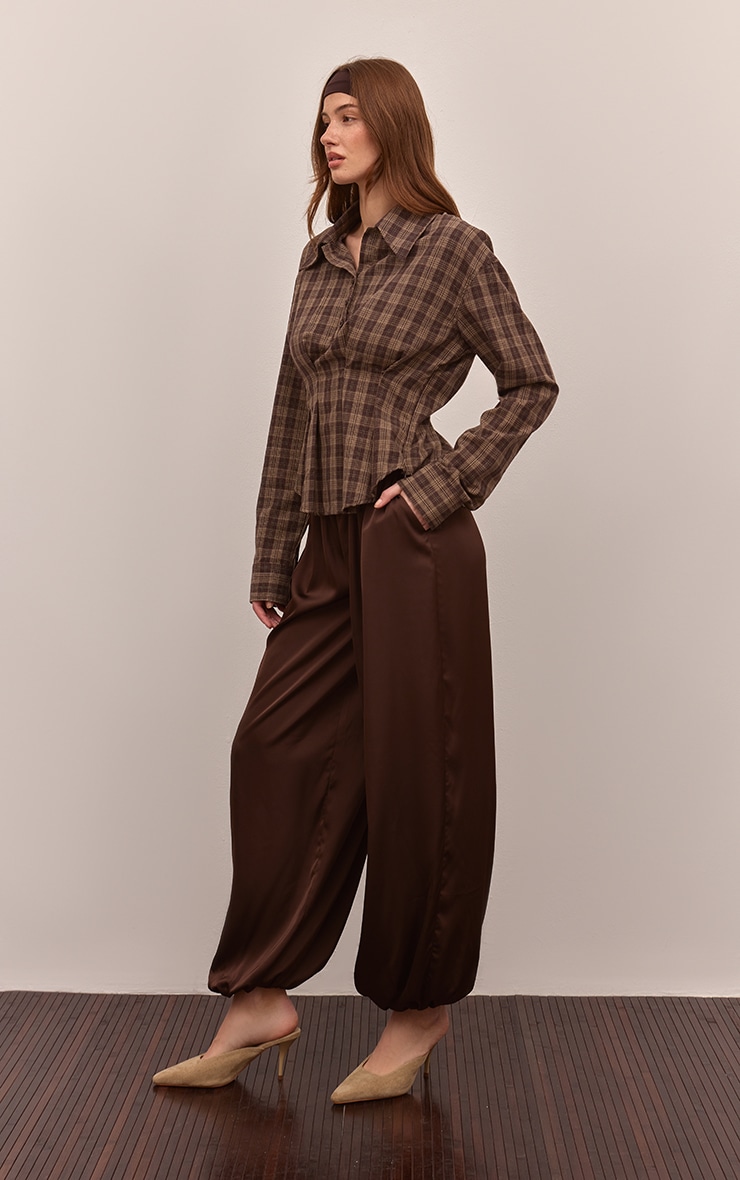 Brown Check Pleated Cinched Waist Shirt image 3