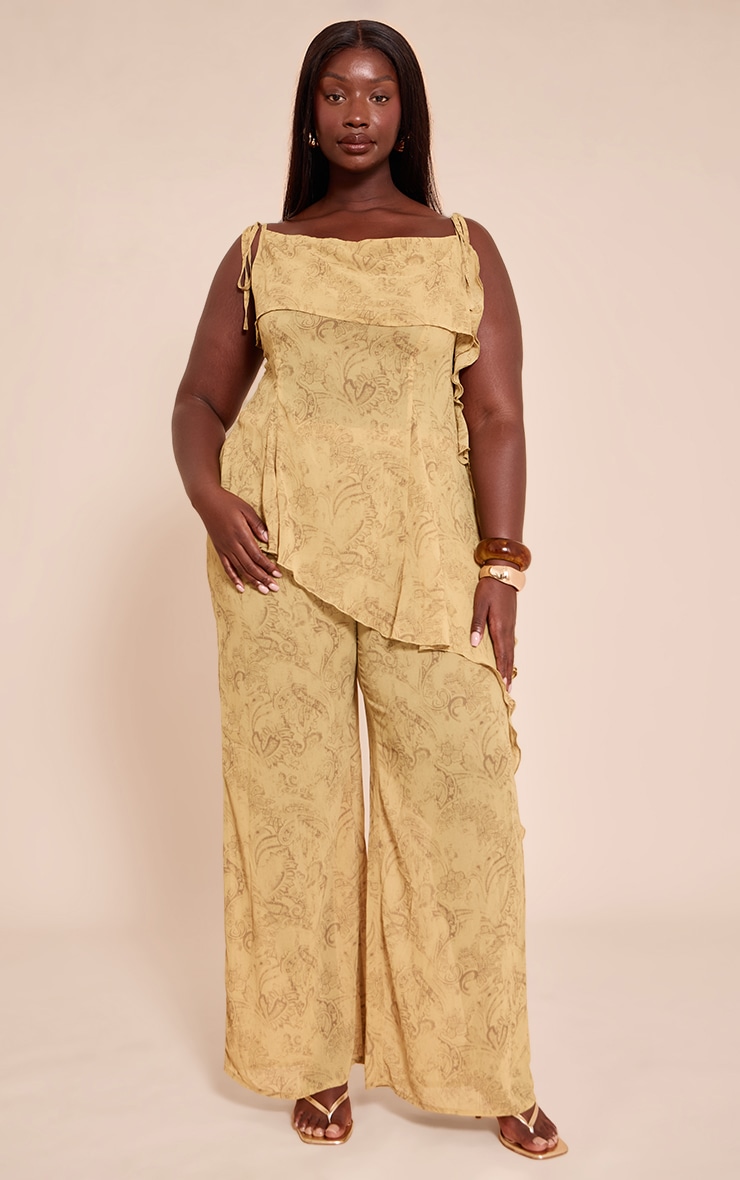 Plus Chartreuse Abstract Print Chiffon Frill Cami Top image 3
