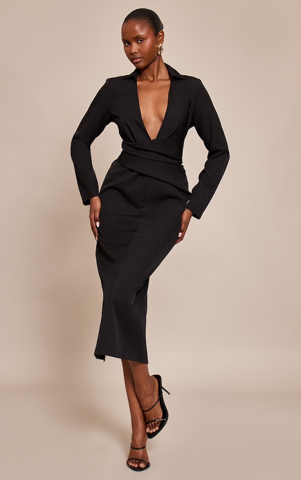 Black Woven Wrap Detail Long Sleeve  Maxi Dress