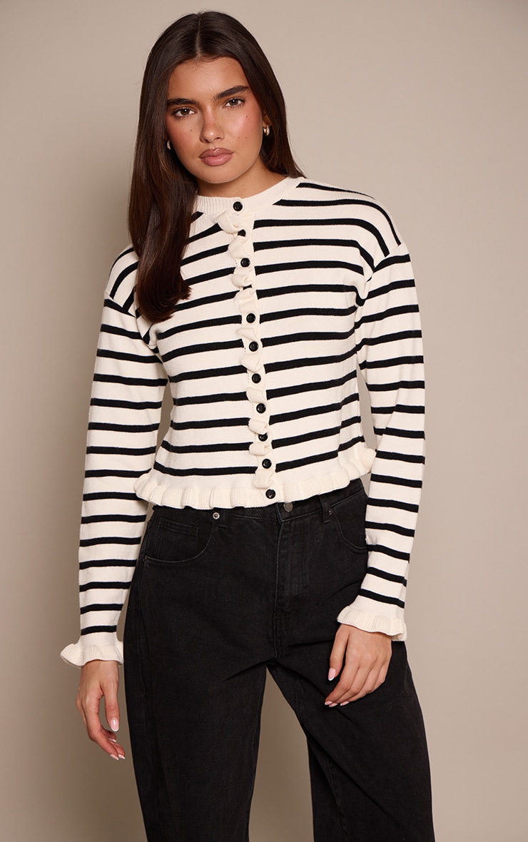 Mono Striped Frill Hem Knitted Cardigan