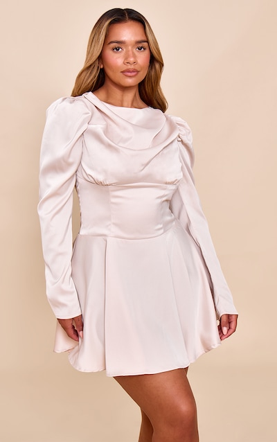 Shape Cream Satin Boat Neck Cinched Waist Skater Mini Dress