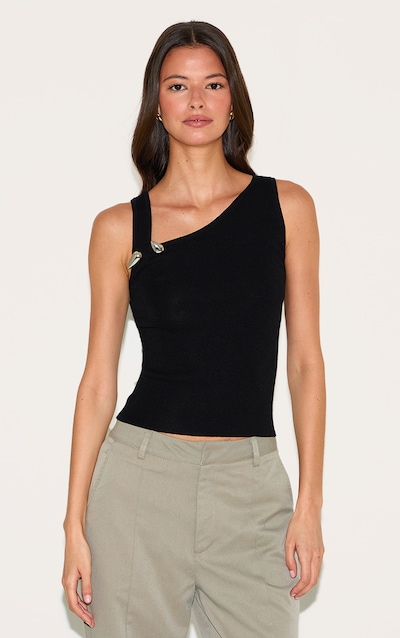 Black Fine Knit Asymmetric Neckline Top
