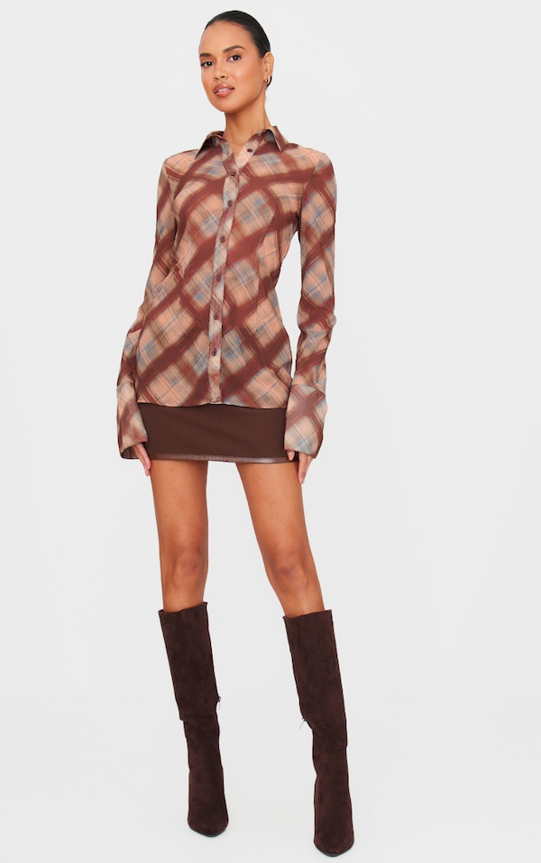 Brown Check Print Chiffon Fitted Shirt