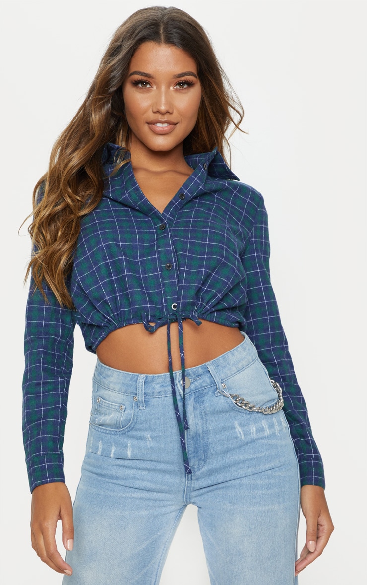 Navy Check Drawstring Hem Crop Shirt Tops PrettyLittleThing USA