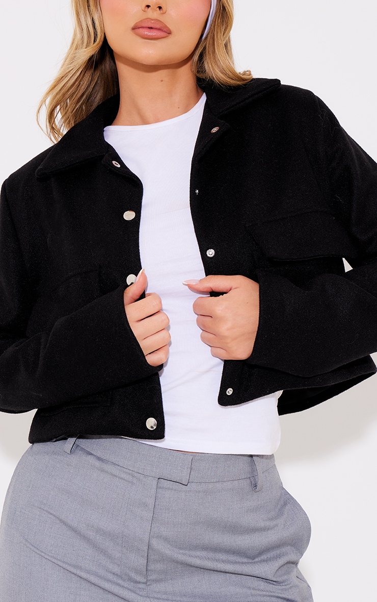 Black Wool Look Structured Shoulder Boxy Crop Jacket image 4