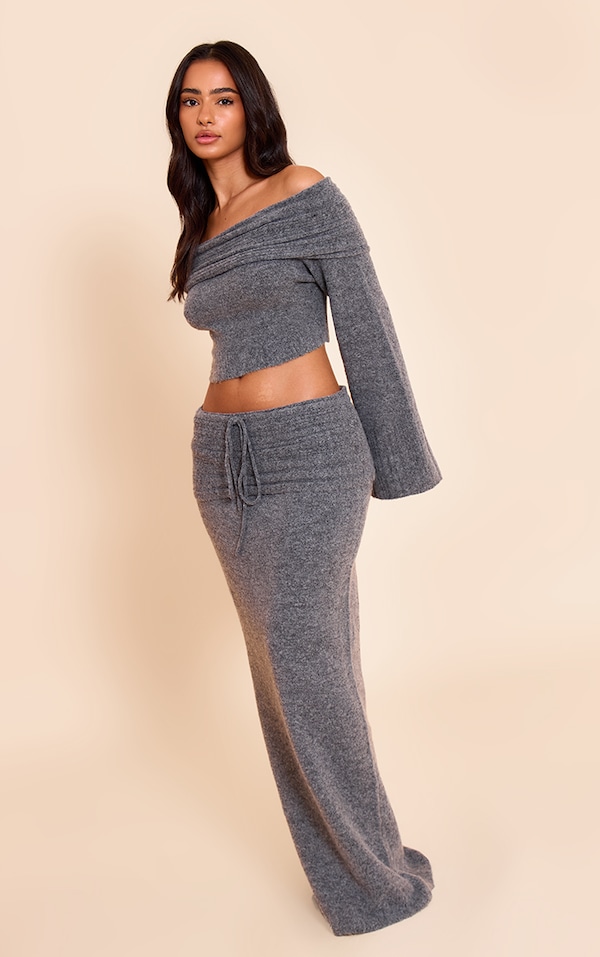 Petite Charcoal Rib Soft Knit Fold Over Maxi skirt