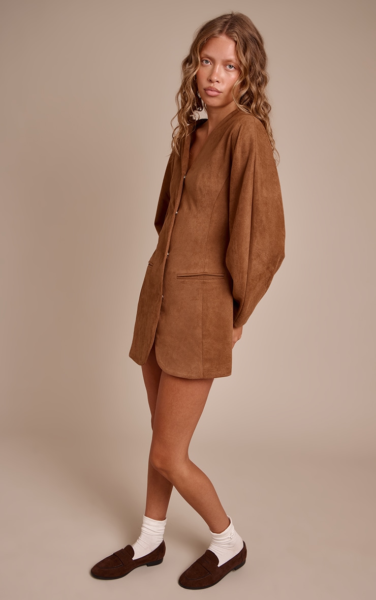 Brown Faux Suede Cocoon Sleeve Blazer Dress image 3