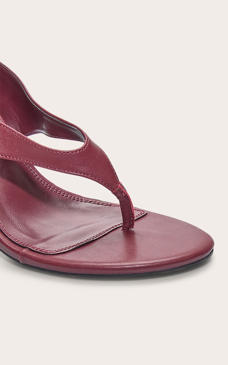 Burgundy Pu Round Toe Thong Ribbon Lace Up High Stiletto Heeled Sandals. image 4