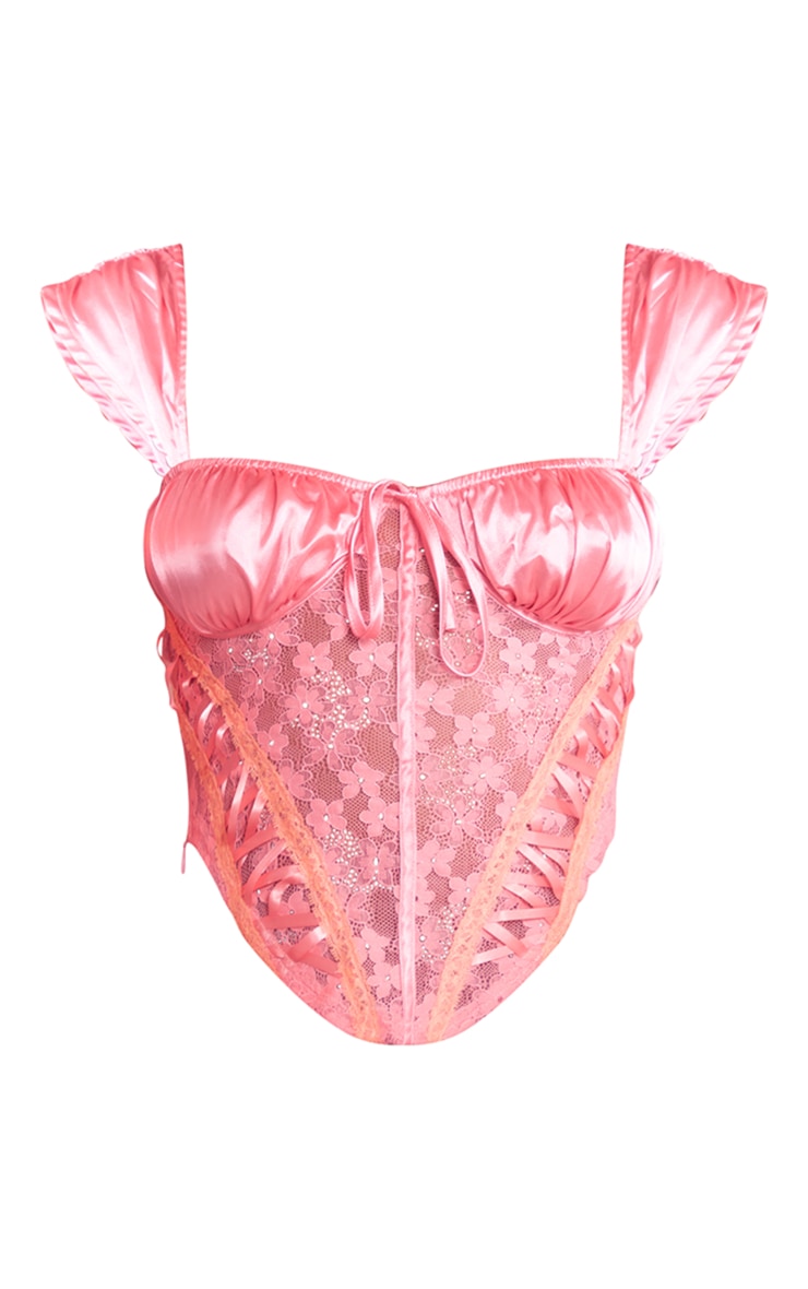 Coral Floral Ribbon Lace Up Detail Corset PrettyLittleThing UAE