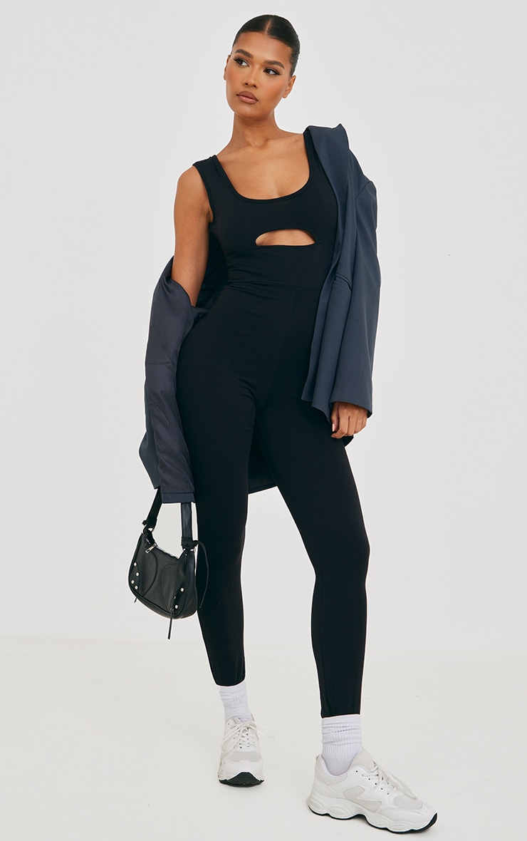 Black Scoop Neck Cut Out Chest Jersey Jumpsuit image 1