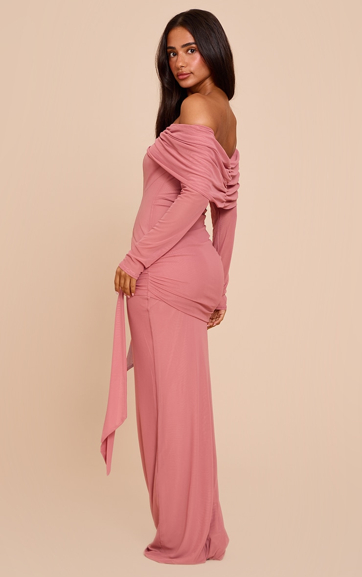 Petite Deep Pink Asymmetric Long Sleeve Bardot Maxi Dress image 2