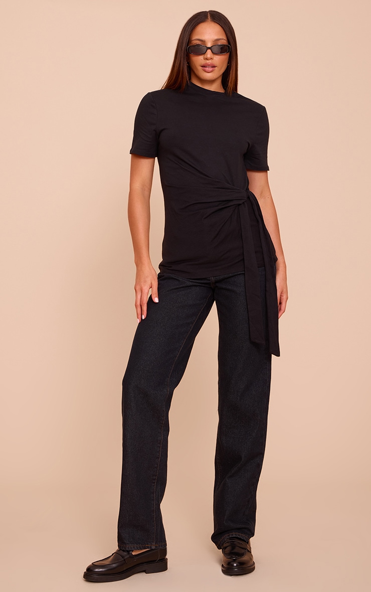 Tall Black Cotton Tie Detail Oversized T Shirt image 3