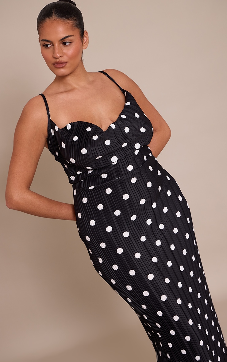Plus Black Polka Dot Printed Plisse Cowl Neck Maxi Dress image 4