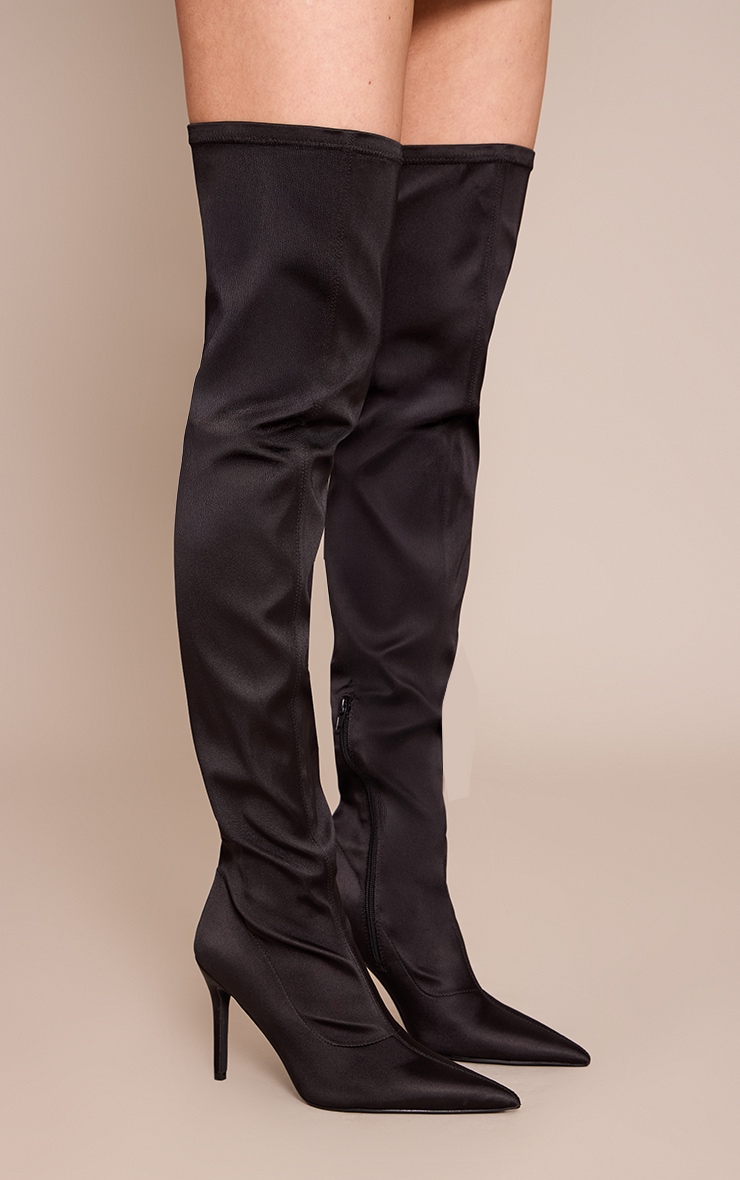 Black Satin Point Toe Over The Knee Stiletto Boot image 3