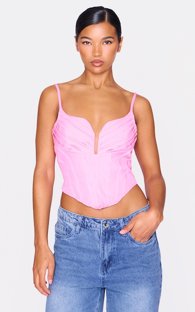 Crop top rose à bretelles et corset bustier plissé