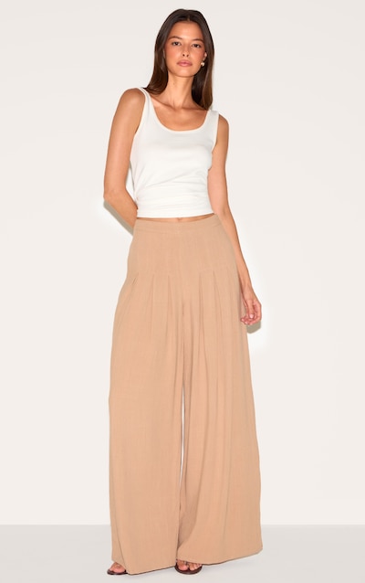 Pantalons effet lin mélange mocha fluides plis piqués jambe large