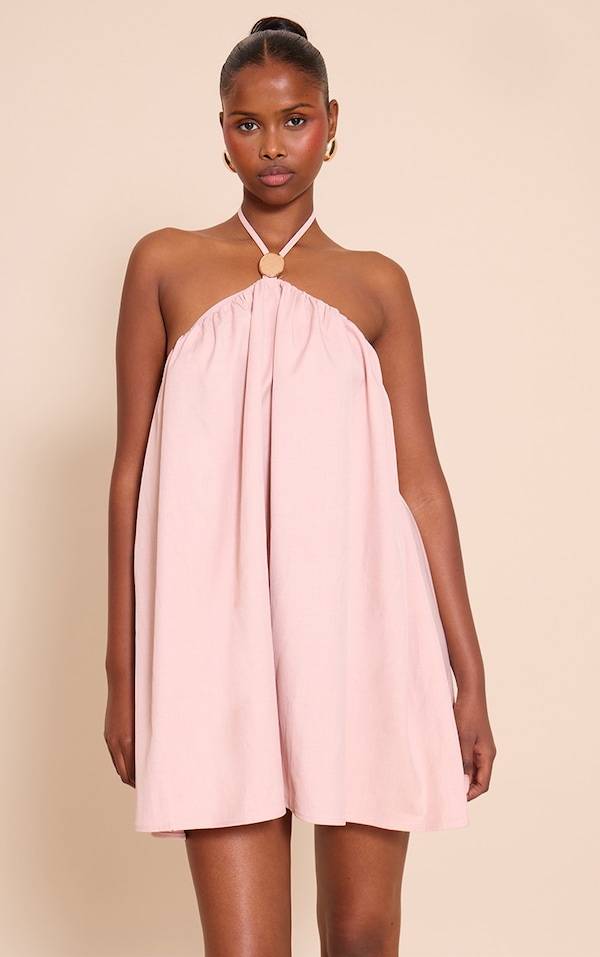 Baby Pink Halterneck Trim Detail Smock Dress