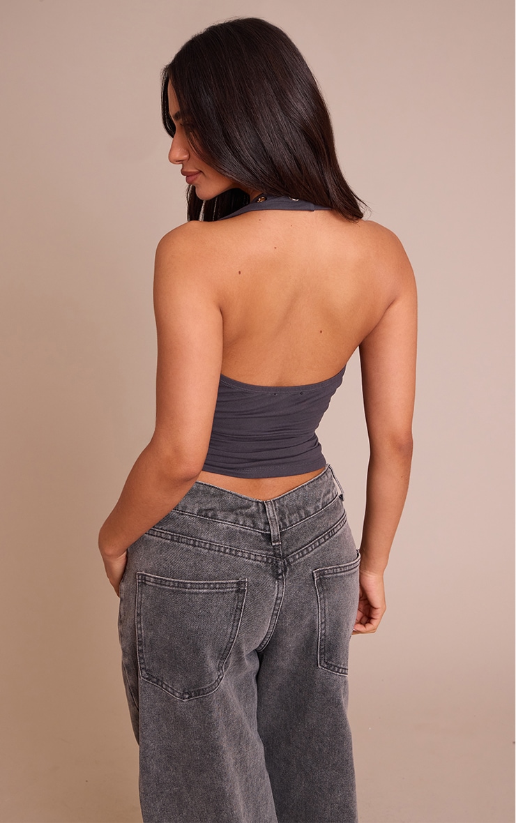 Petite Charcoal Halterneck Eyelet Detail Long Top image 2