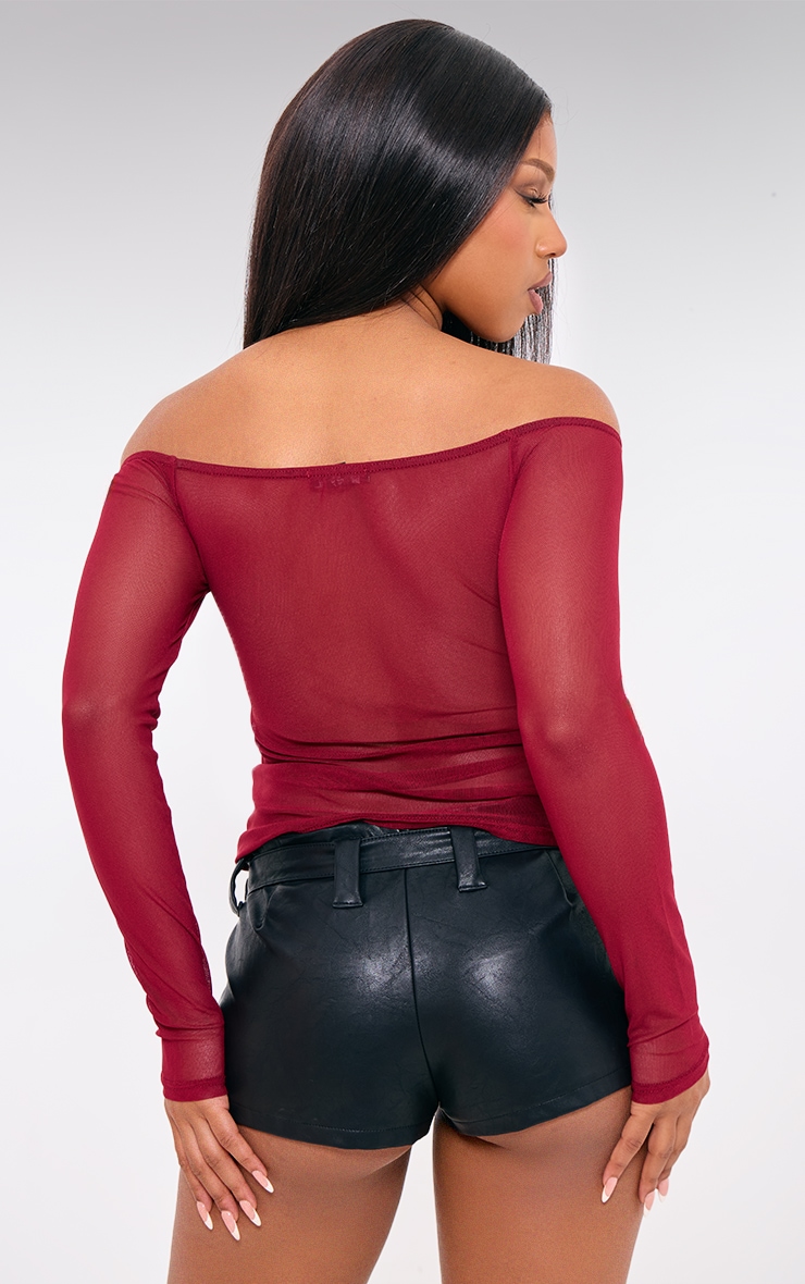 Burgundy Mesh Bardot Ruched Bust Detail Long Top image 2