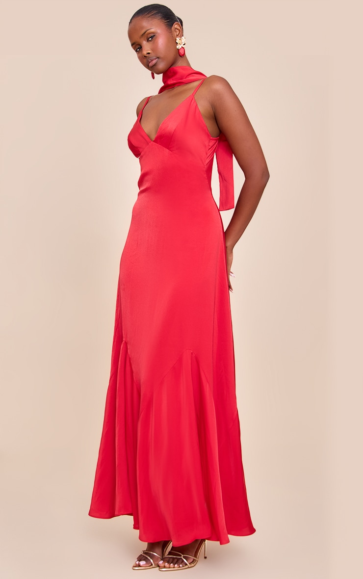 Red Satin V Neck Maxi Dress image 3