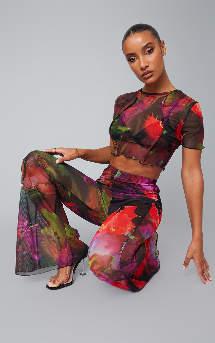 Pink Abstract Floral Print Sheer Mesh Cropped T-shirt image 1