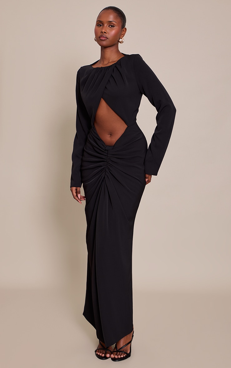 Black Cut Out Detail Woven Long Sleeve Maxi Dress image 3