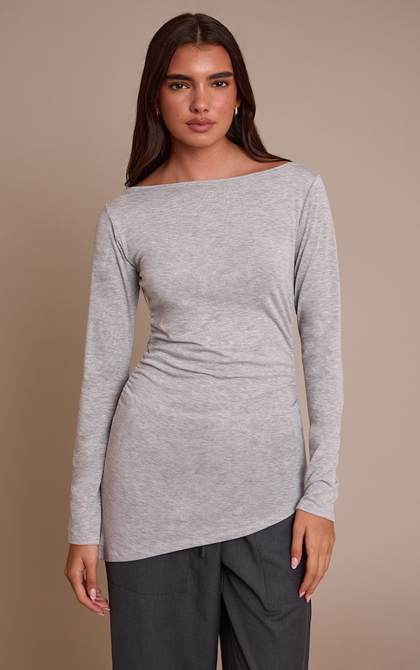 Grey Marl Asymmetric Hem Detail Long Sleeve Top 