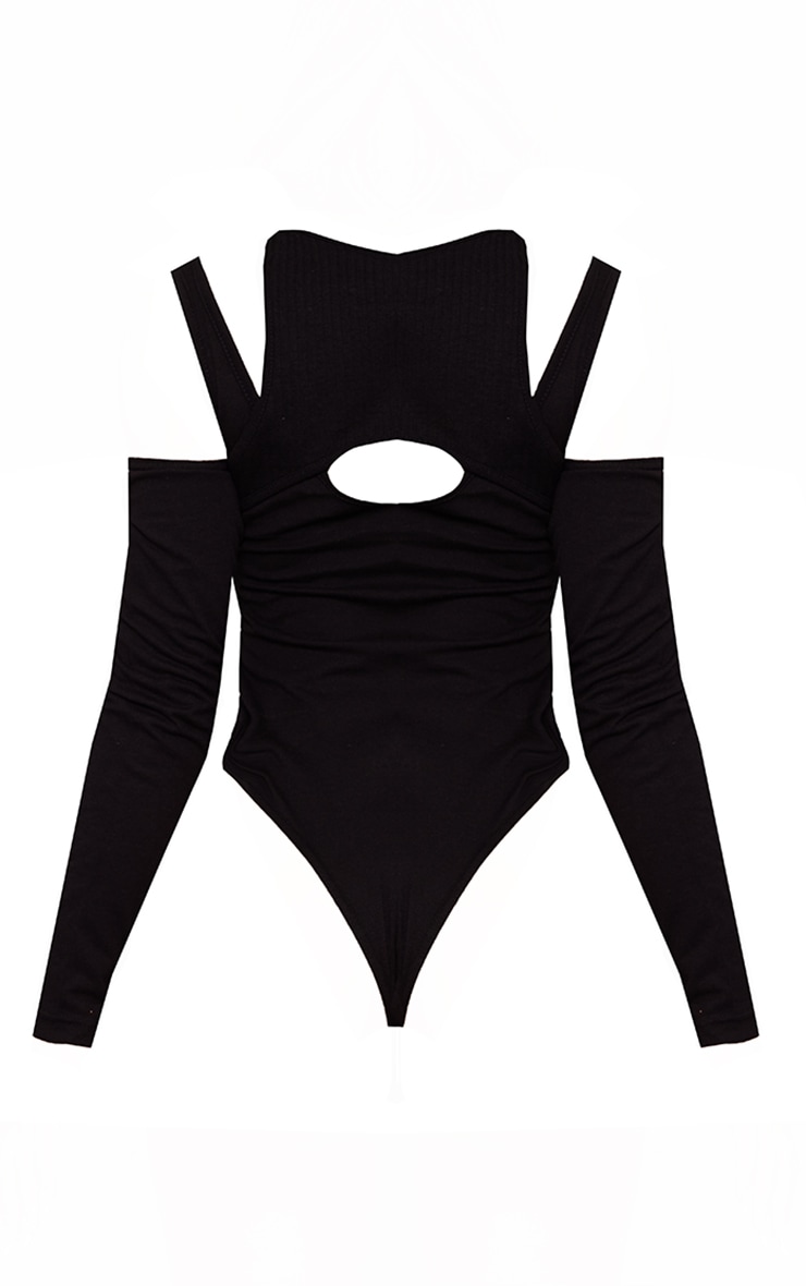 Black Contrast Fabric Cold Shoulder Bodysuit image 6