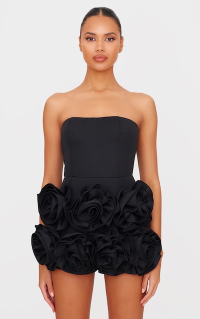 Black Oversized Rose Detail Bandeau Skort Playsuit