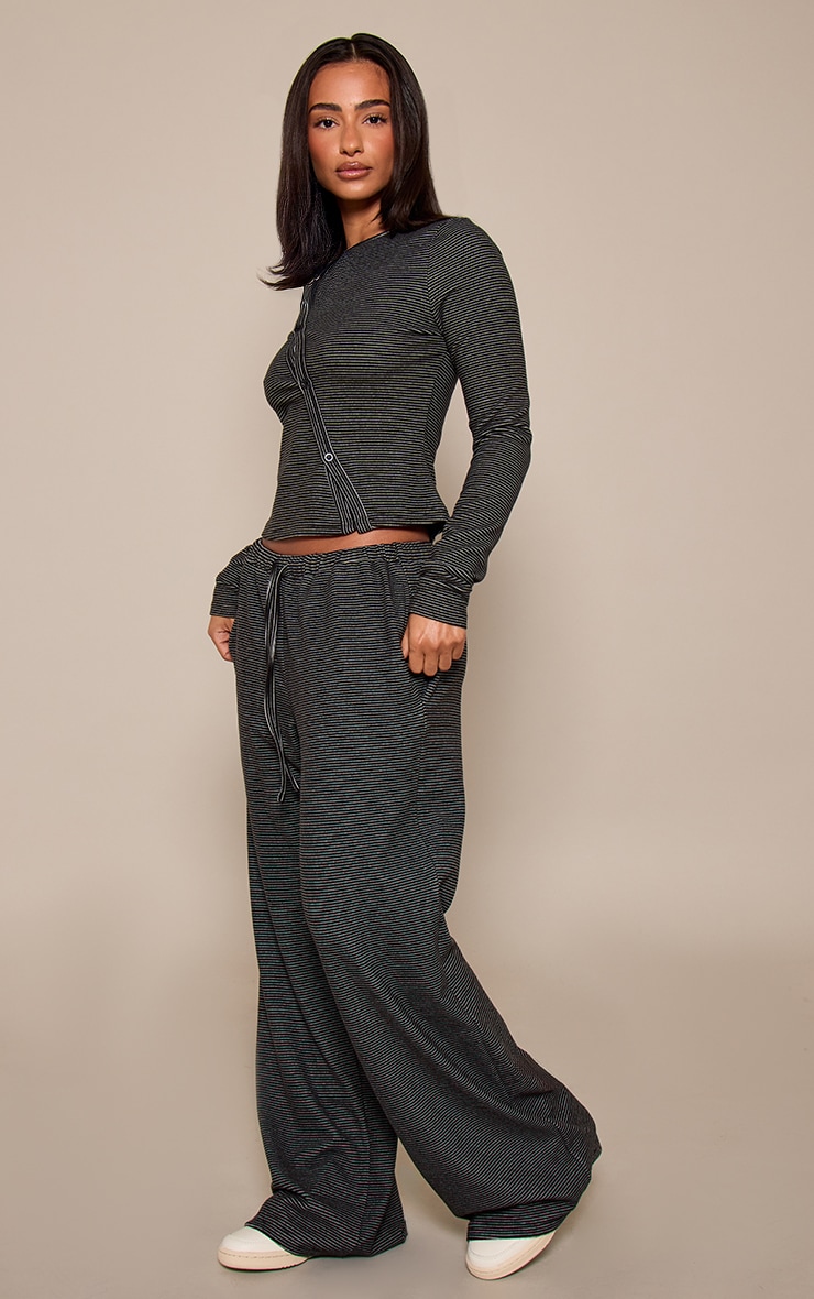 Petite Black Stripe Ribbed Elasticated Waist Wide Leg Trousers  image 1