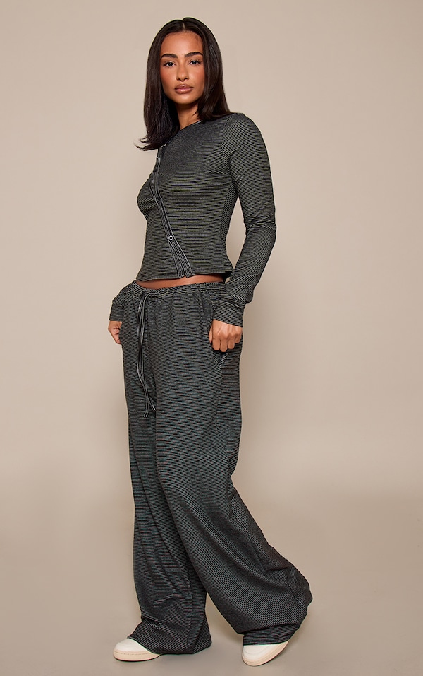 Petite Black Stripe Ribbed Elasticated Waist Wide Leg Trousers 