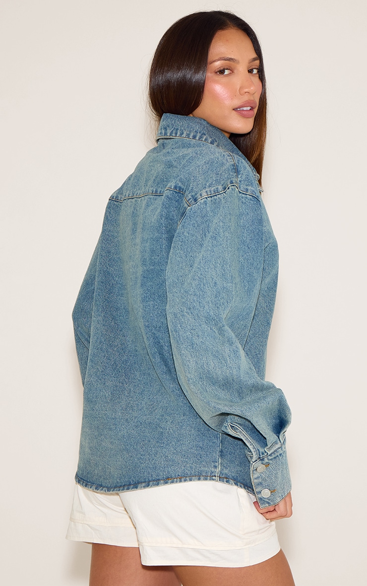 Tall Vintage Balloon Sleeve Curved Hem Denim Shirt image 2
