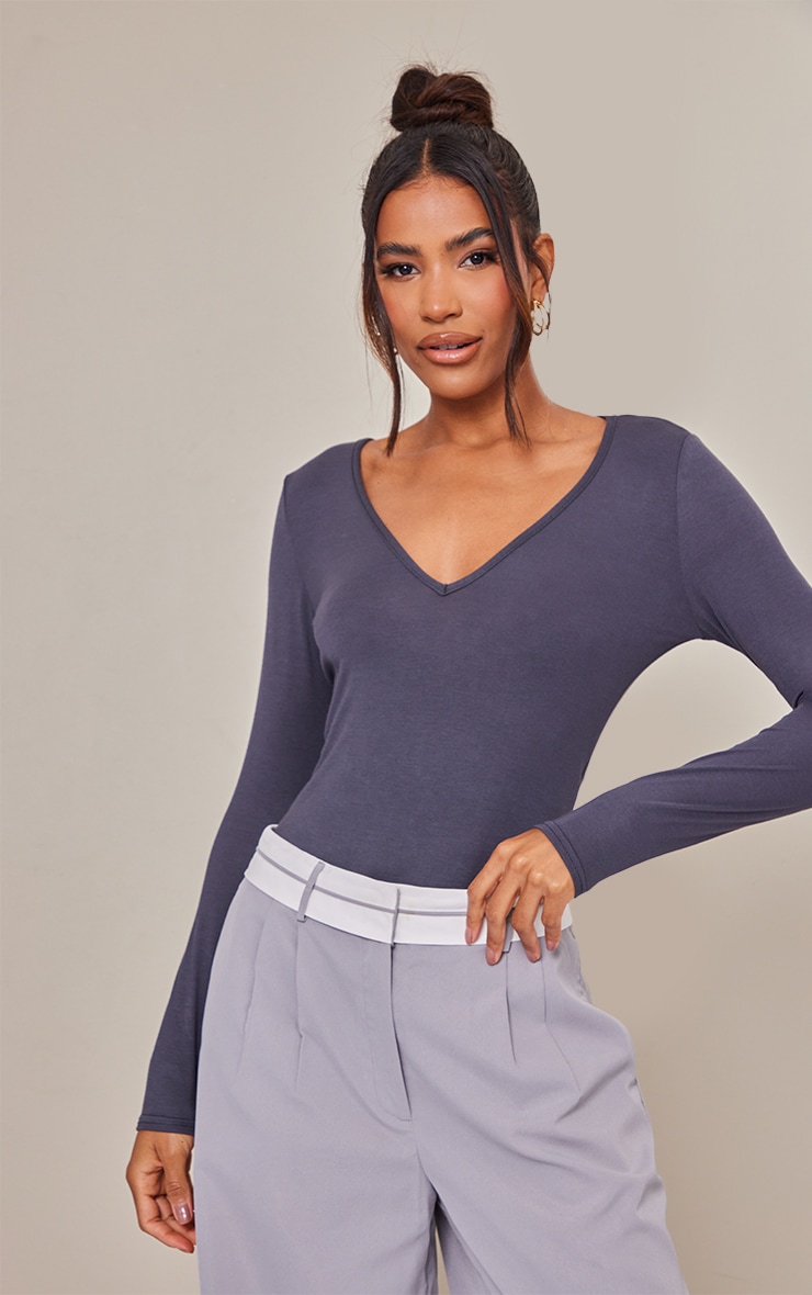 Charcoal Basic V Neck Long Sleeve Jersey Bodysuit