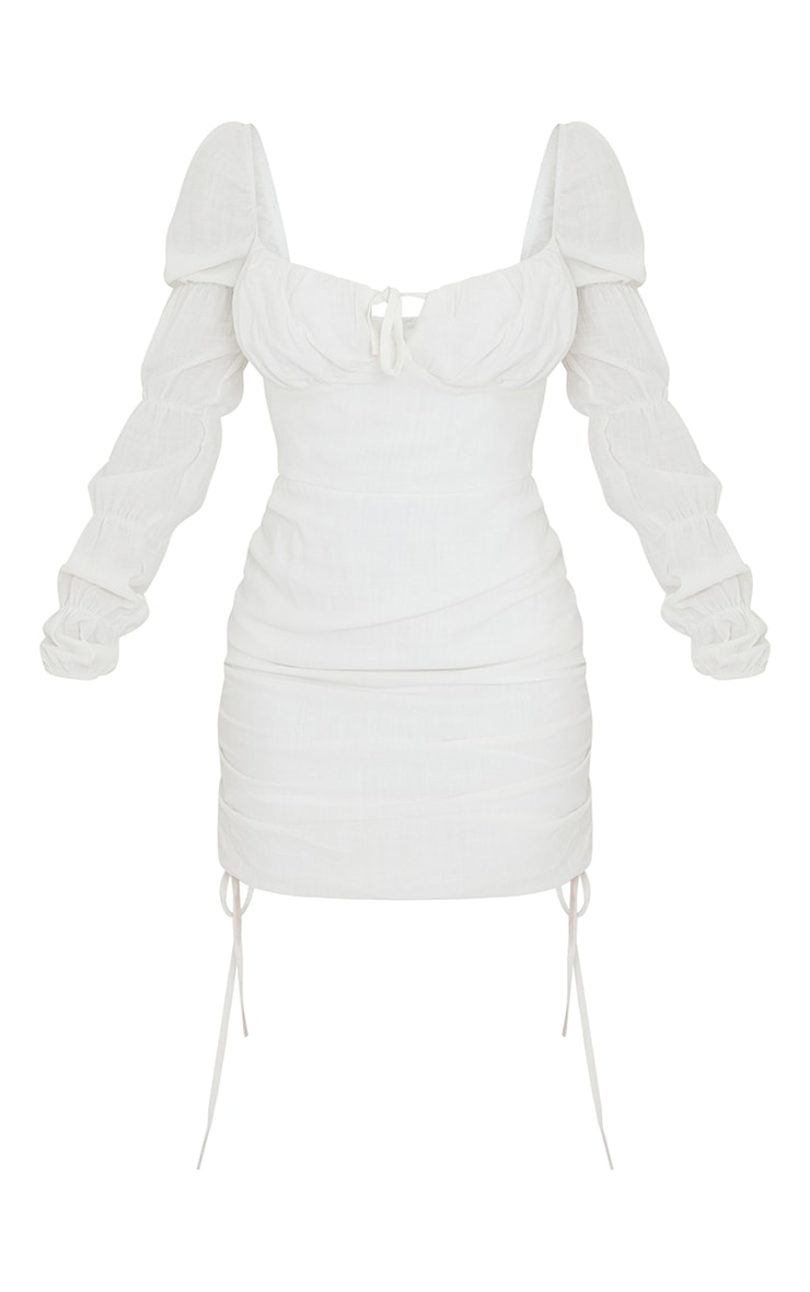 White Linen Tie Bust Detail Ruched Skirt Long Sleeve Bodycon Dress image 5