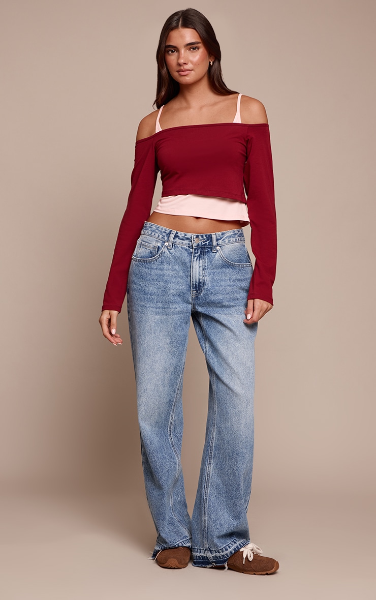 Burgundy Cotton Overlay Detail Bardot Long Sleeve Top  image 3