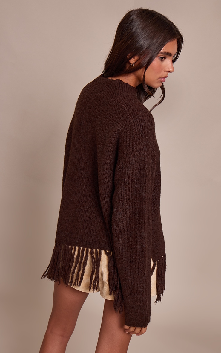 Chocolate Round Neck Fringe Hem Oversized Jumper image 2