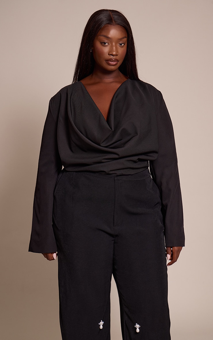 Plus Black Woven Drape Plunge Top  image 1