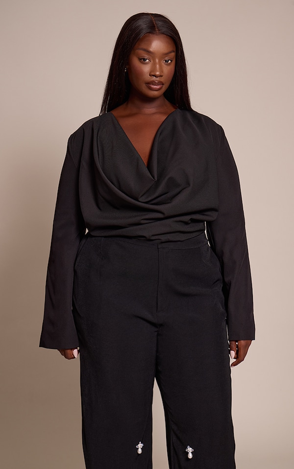 Plus Black Woven Drape Plunge Top