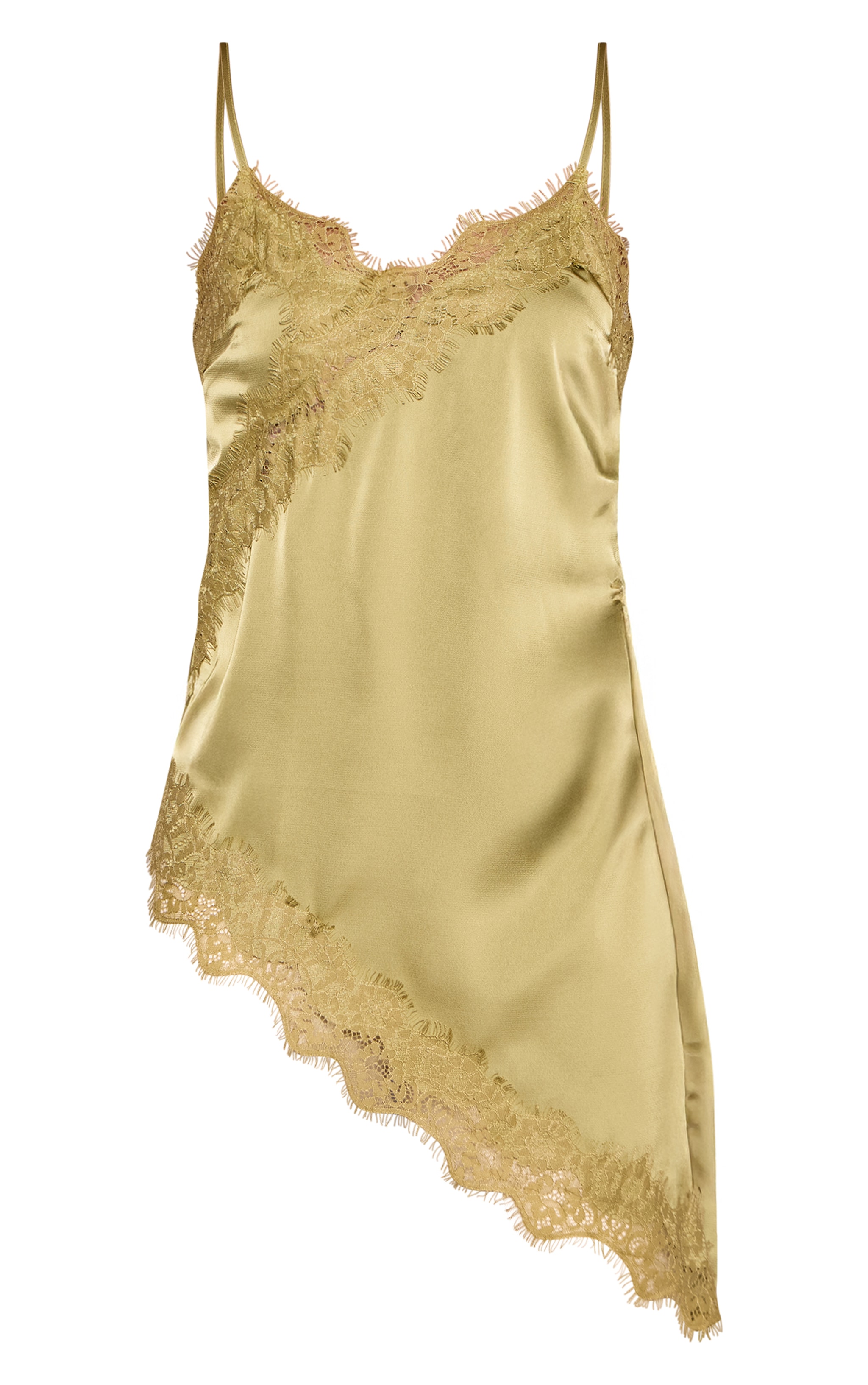 Olive Satin Lace Detail Asymmetric Long Top image 5