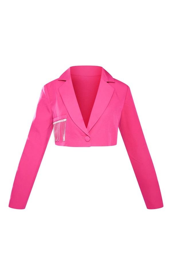 Petite Hot Pink Cropped Diamante Trim Blazer