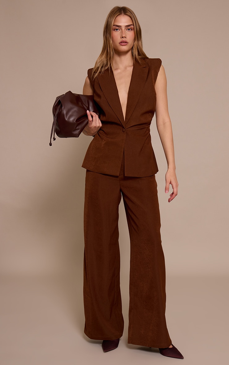 Pantalon large tailleur tissé chocolat image 1