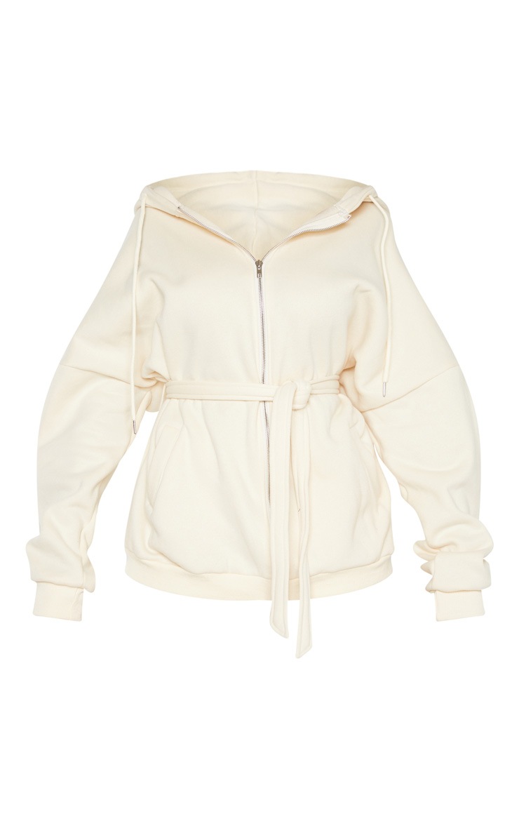 Cream Oversized Belted Sweat Hoodie image 3