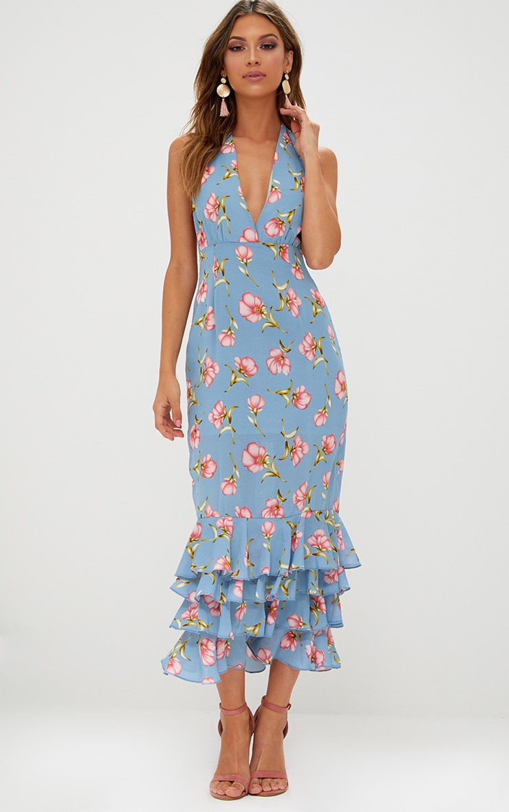 Dusty Blue Floral Print Halterneck Frill Hem Midi Dress PrettyLittleThing