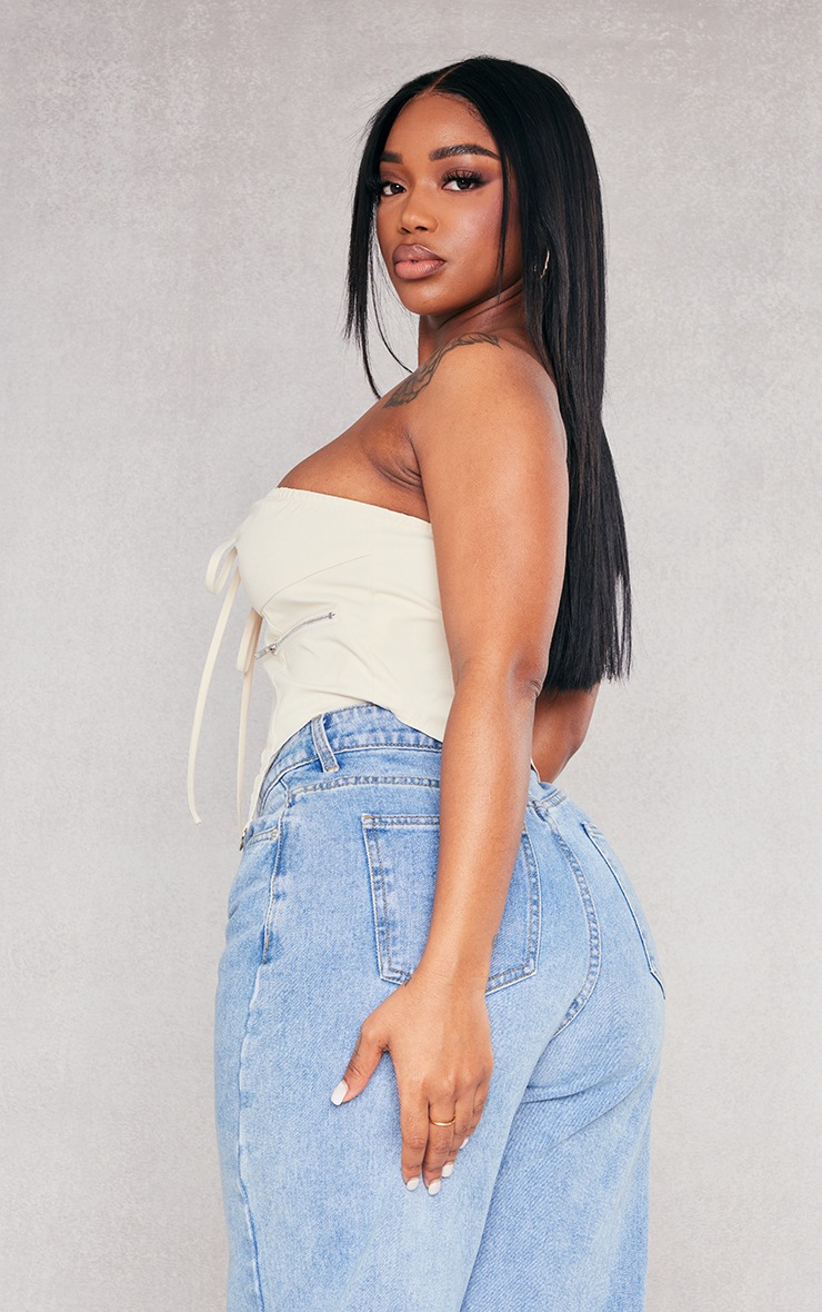 Shape Off White Ruched Bust Zip Detail Curved Crop Top image 2