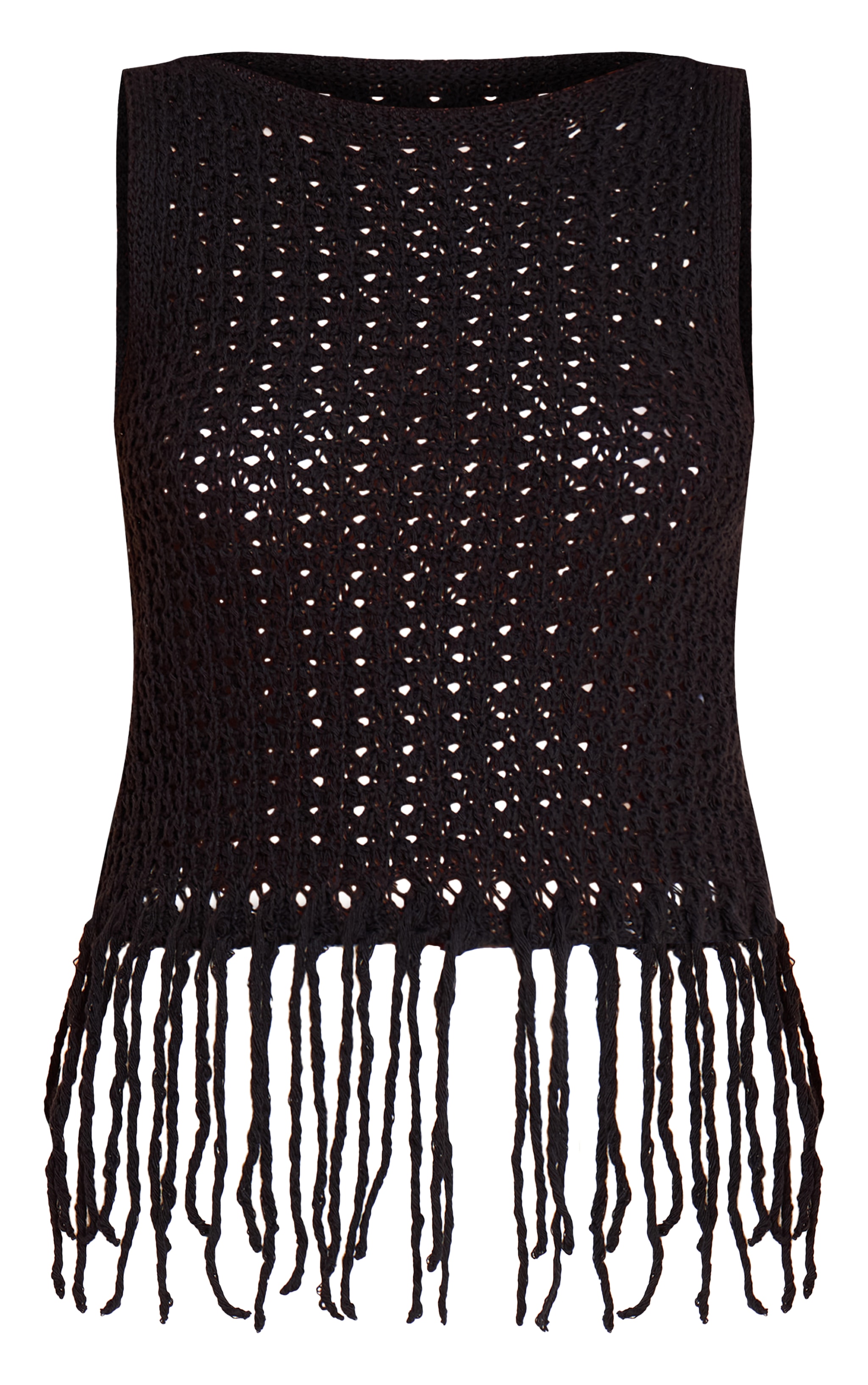 Black Crochet Boat Neck Fringe Top image 5