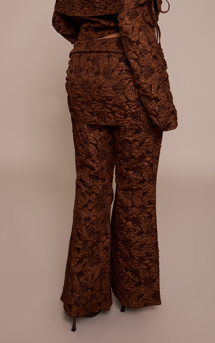 Plus Chocolate Floral Jacquard Fold Over Wide Leg Pants image 3