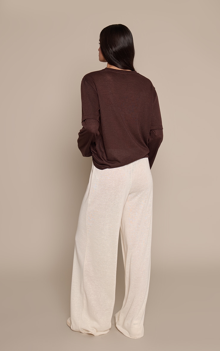 Butter Cream Marl Slub Jersey Button Detail Wide Leg Trouser image 3